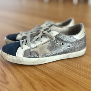 Golden Goose Super-Star Private Edition Silver Glitter Navy Taupe Star Sneakers